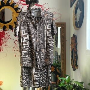 Vintage Tribal Print Skirt Set - Tan and Brown - 3 Piece - 14